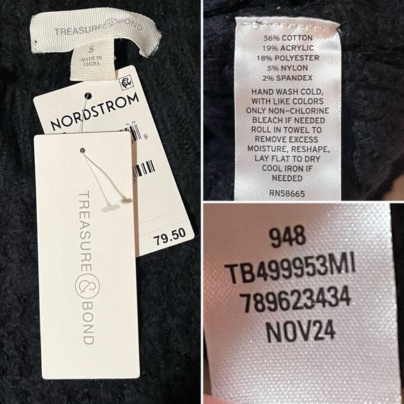 Treasure & Bond Balloon Sleeve Mixed Stitch Fringe Sweater Crew Black S NWT - Picture 11 of 12